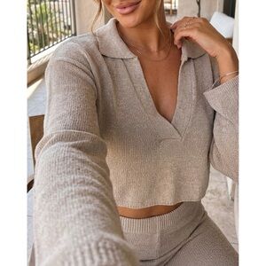 Meshki Carlota Collared Knit Cropped Jumper Sweater in Taupe Size Medium